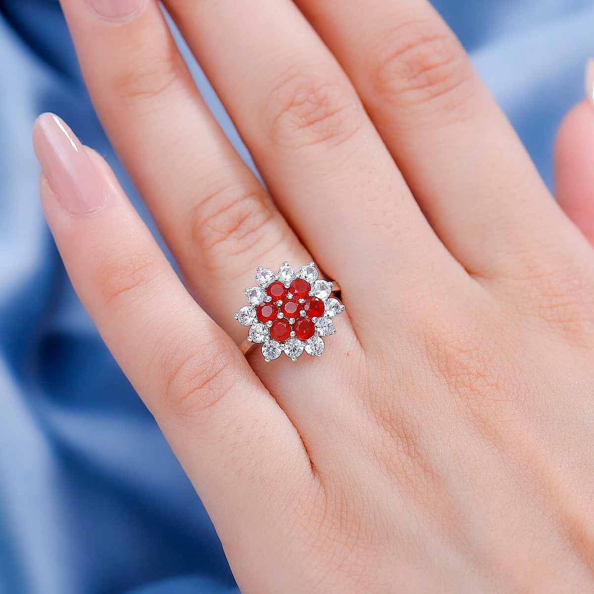 Fire Opal, White Zircon Cluster Ring in Rhodium Overlay Sterling Silver 7877198 2