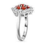Cherry Fire Opal & White Zircon Cluster Ring in Rhodium Overlay Sterling Silver  2.381  Ct.