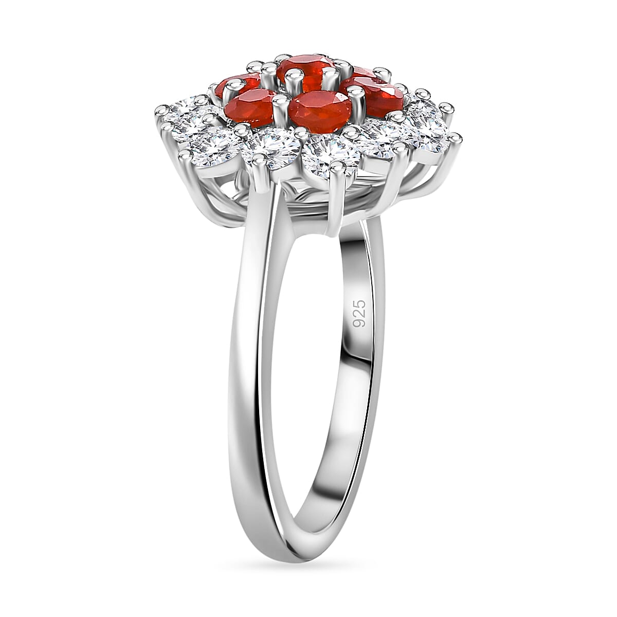 Fire Opal, White Zircon Cluster Ring in Rhodium Overlay Sterling Silver 7877198 3