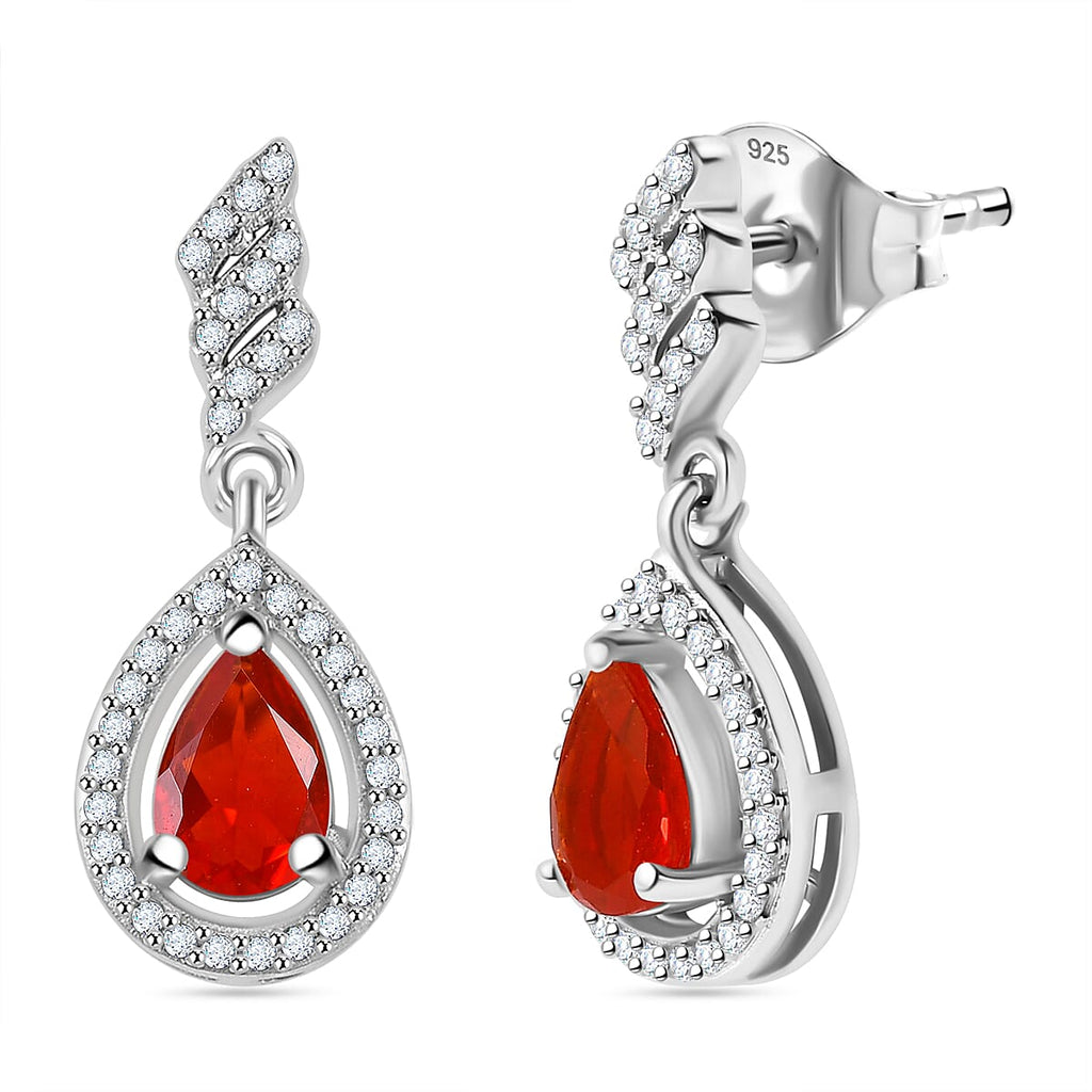 Salamanca Fire Opal & White Zircon Dangling Earring in Rhodium Overlay Sterling Silver 1.98 Ct.