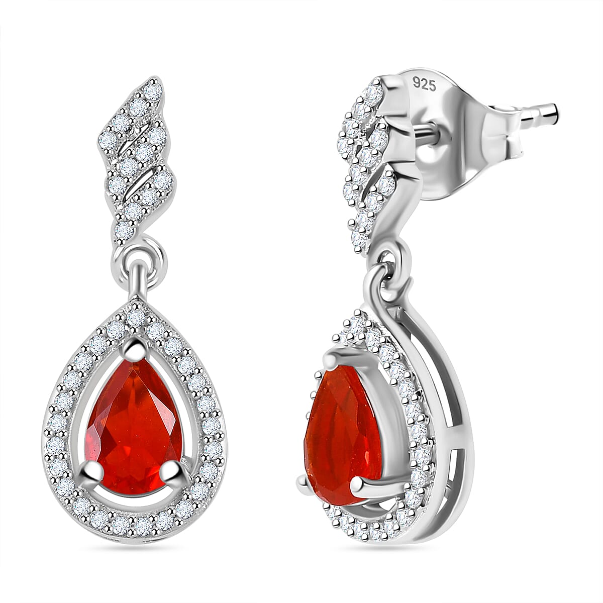 Fire Opal, White Zircon Dangling Earrings in Rhodium Overlay Sterling Silver 7891975 0