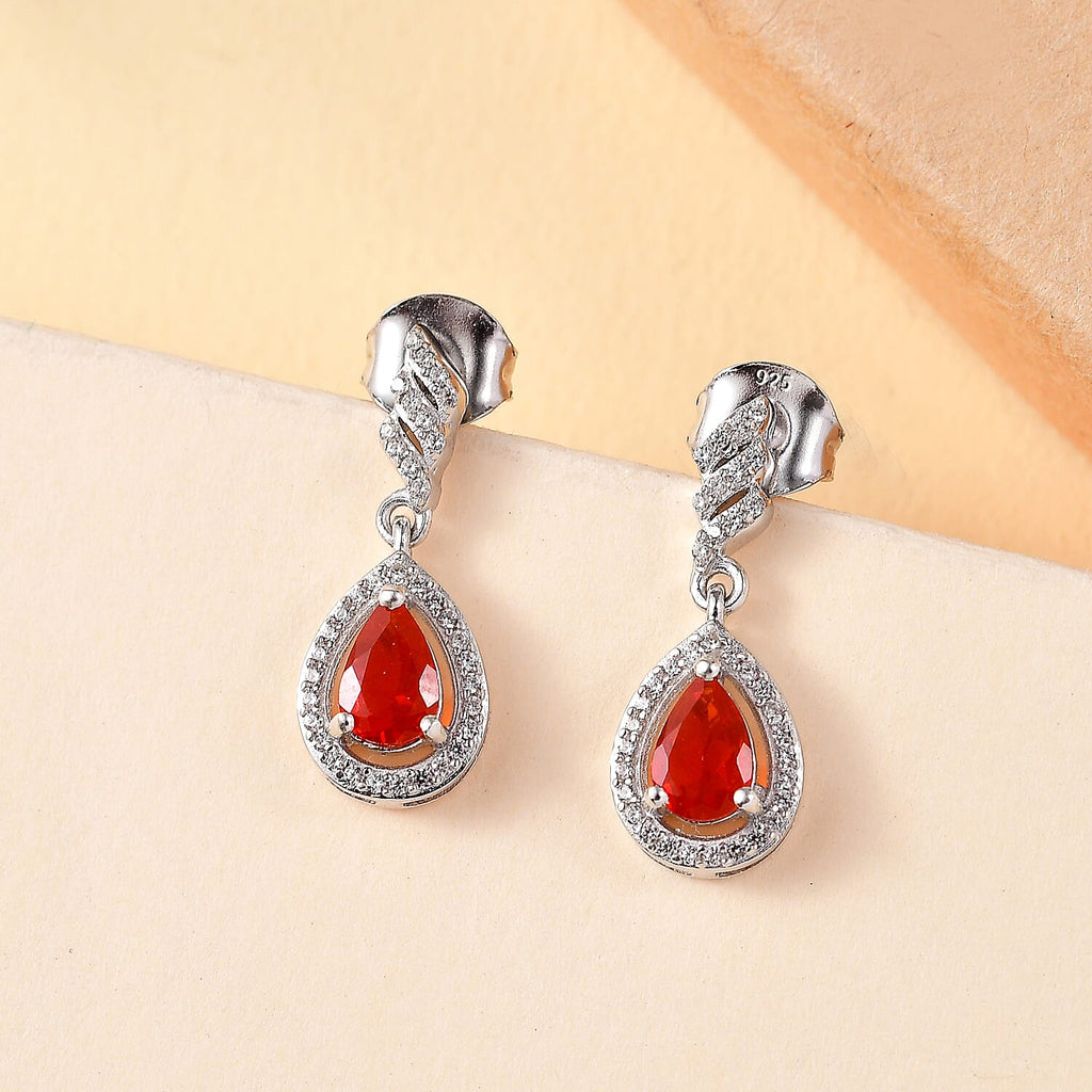 Salamanca Fire Opal & White Zircon Dangling Earring in Rhodium Overlay Sterling Silver 1.98 Ct.