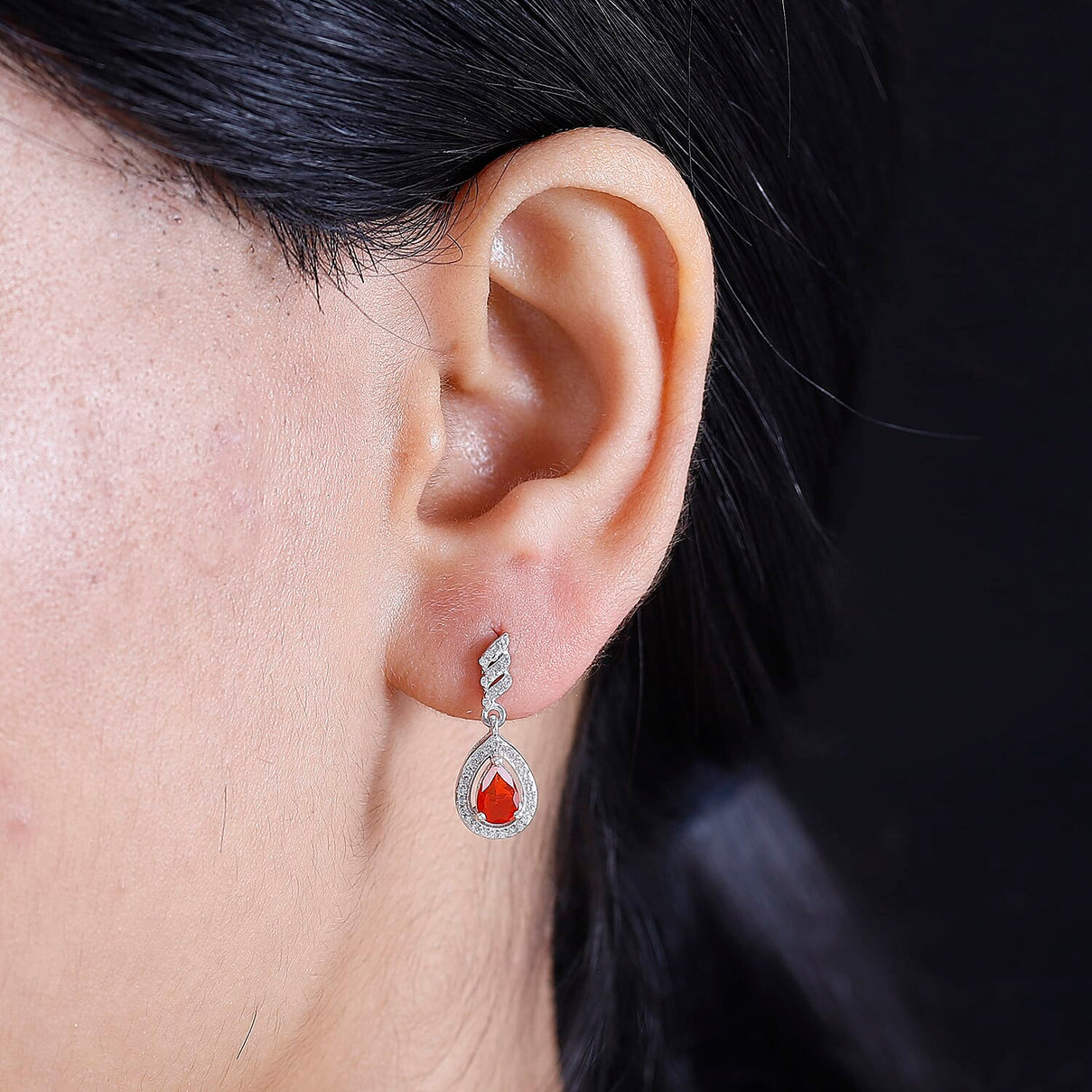 Fire Opal, White Zircon Dangling Earrings in Rhodium Overlay Sterling Silver 7891975 3