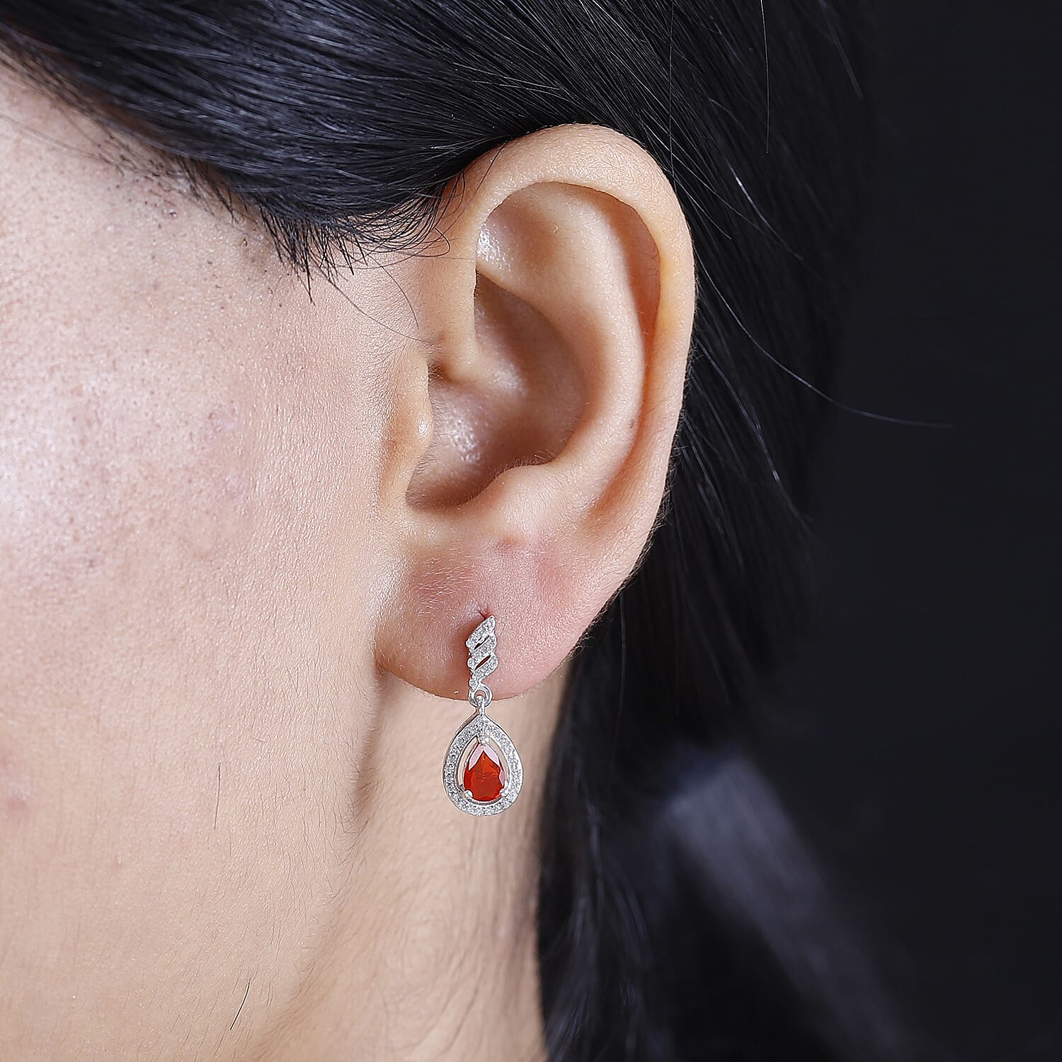 Fire Opal, White Zircon Dangling Earrings in Rhodium Overlay Sterling Silver 7891975 3