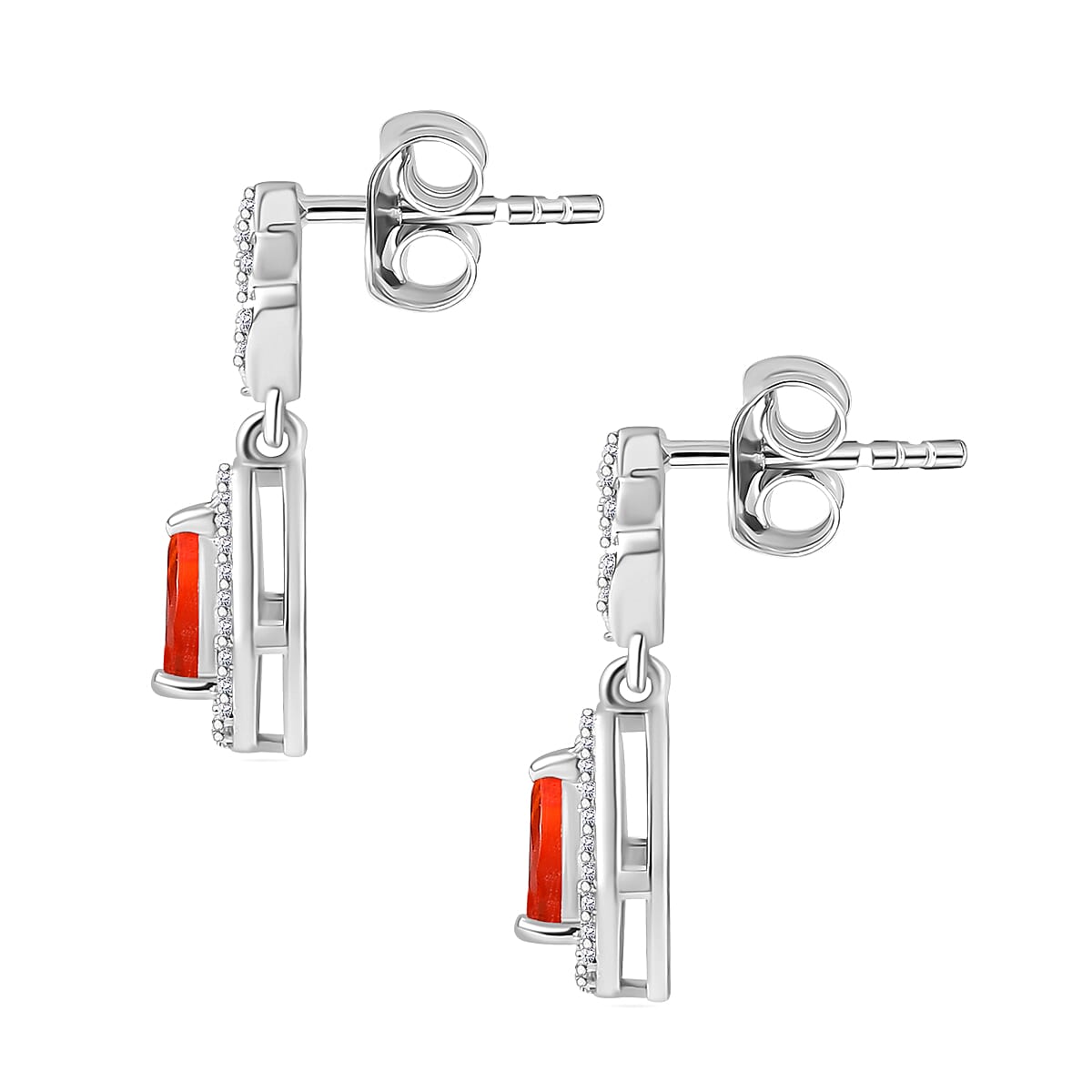 Fire Opal, White Zircon Dangling Earrings in Rhodium Overlay Sterling Silver 7891975 4