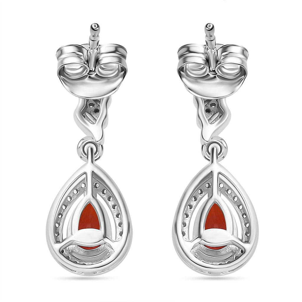 Salamanca Fire Opal & White Zircon Dangling Earring in Rhodium Overlay Sterling Silver 1.98 Ct.