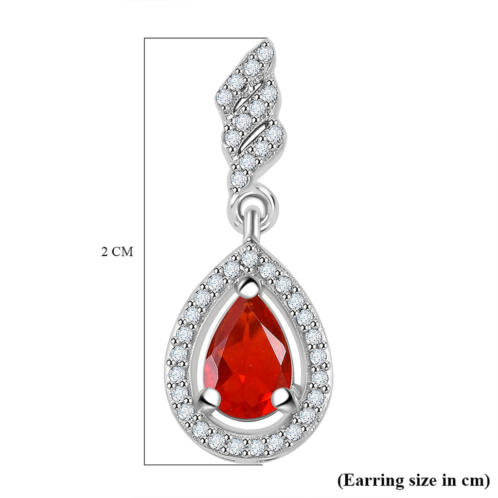 Salamanca Fire Opal & White Zircon Dangling Earring in Rhodium Overlay Sterling Silver 1.98 Ct.