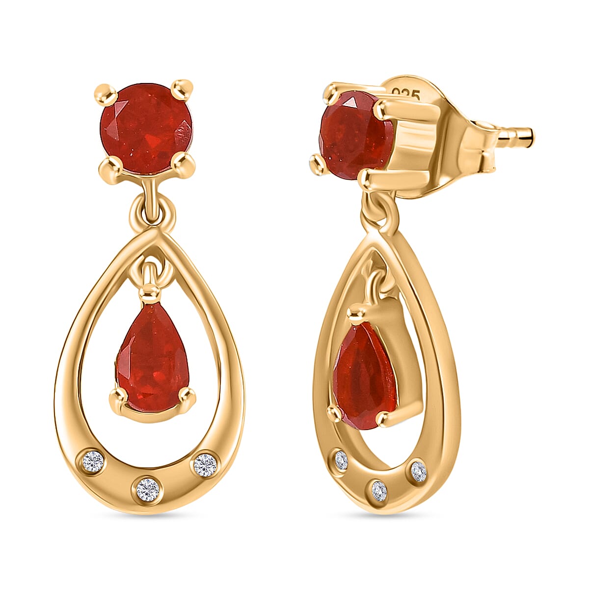 Fire Opal, White Zircon Teardrop Dangling Earring with Push Back in Yellow Gold Plated Sterling Silver 8238552 0