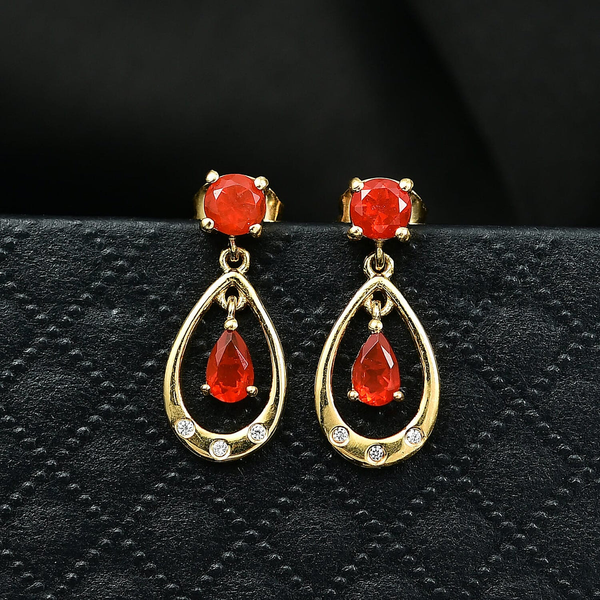 Fire Opal, White Zircon Teardrop Dangling Earring with Push Back in Yellow Gold Plated Sterling Silver 8238552 1