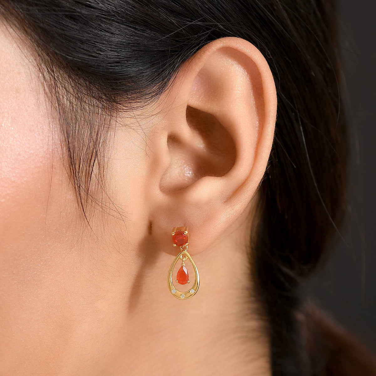 Fire Opal, White Zircon Teardrop Dangling Earring with Push Back in Yellow Gold Plated Sterling Silver 8238552 2