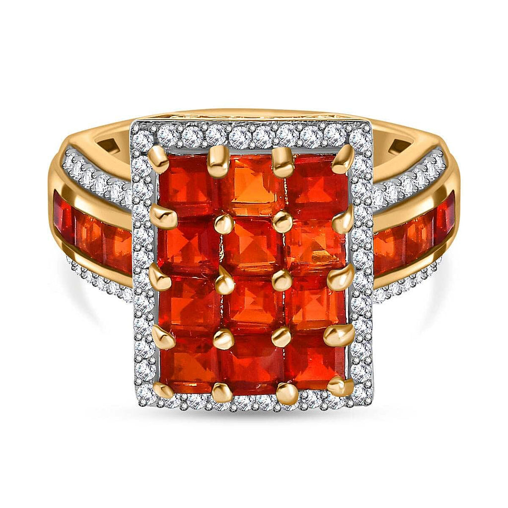 Salamanca Fire Opal & White Zircon Checkboard Ring in 18K Vermeil Yellow Gold Plated Sterling Silver 2.67 Ct.