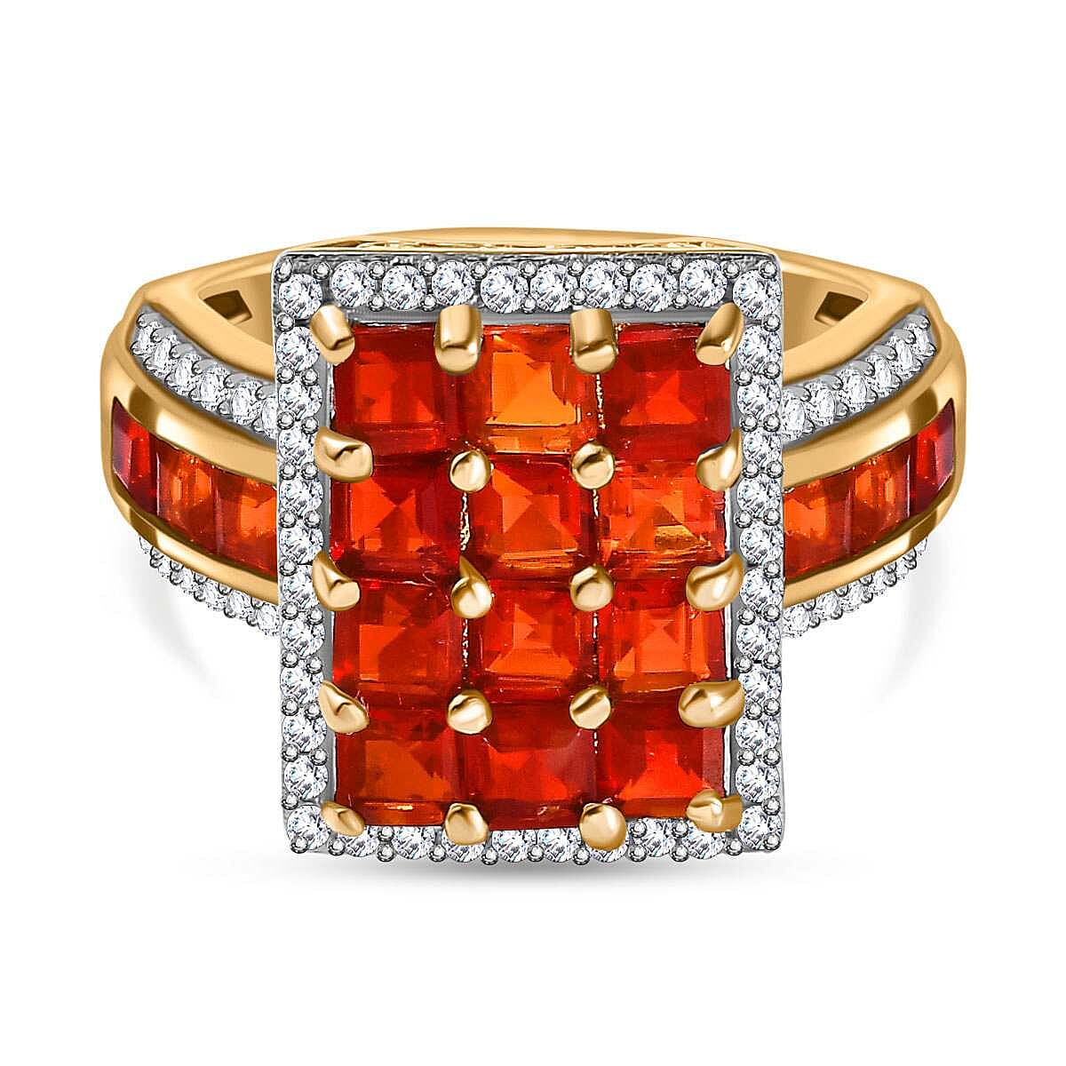 Salamanca Fire Opal, Zircon Checkboard Ring in 18K Gold Vermeil Plated Sterling Silver 2.67 Ct. 7781901 0