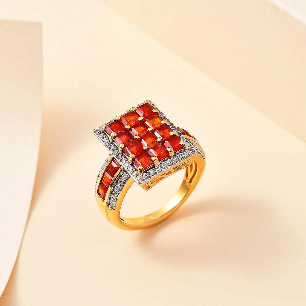 Salamanca Fire Opal & White Zircon Checkboard Ring in 18K Vermeil Yellow Gold Plated Sterling Silver 2.67 Ct.