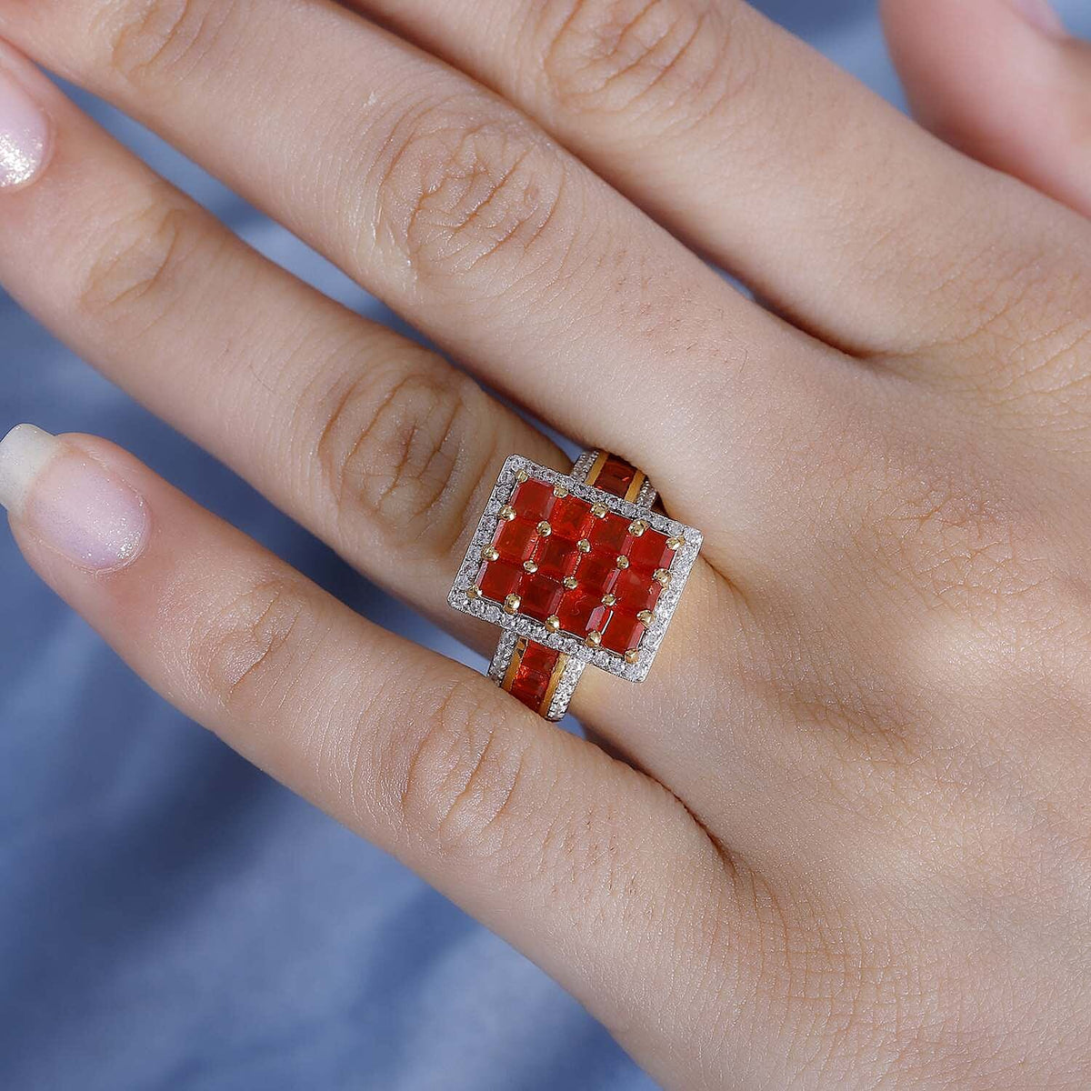 Salamanca Fire Opal, Zircon Checkboard Ring in 18K Gold Vermeil Plated Sterling Silver 2.67 Ct. 7781901 2