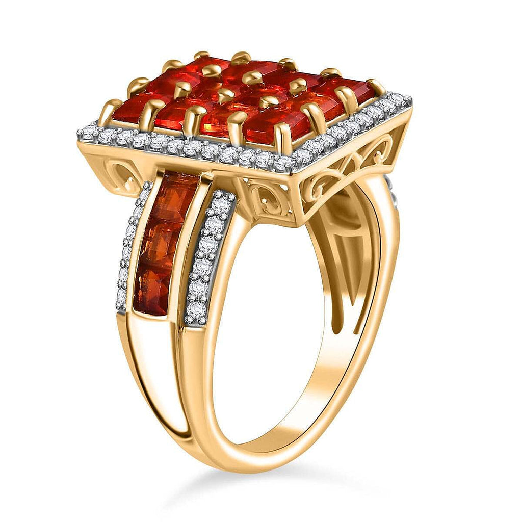 Salamanca Fire Opal & White Zircon Checkboard Ring in 18K Vermeil Yellow Gold Plated Sterling Silver 2.67 Ct.