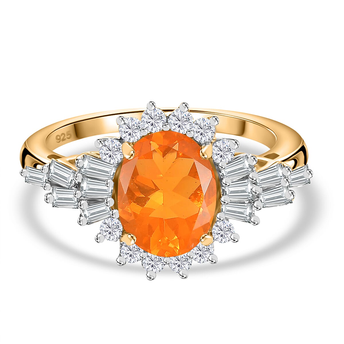 Fire Opal, White Zircon Sunburst Ring in 18K Vermeil Yellow Gold Plated Sterling Silver 7863352 0