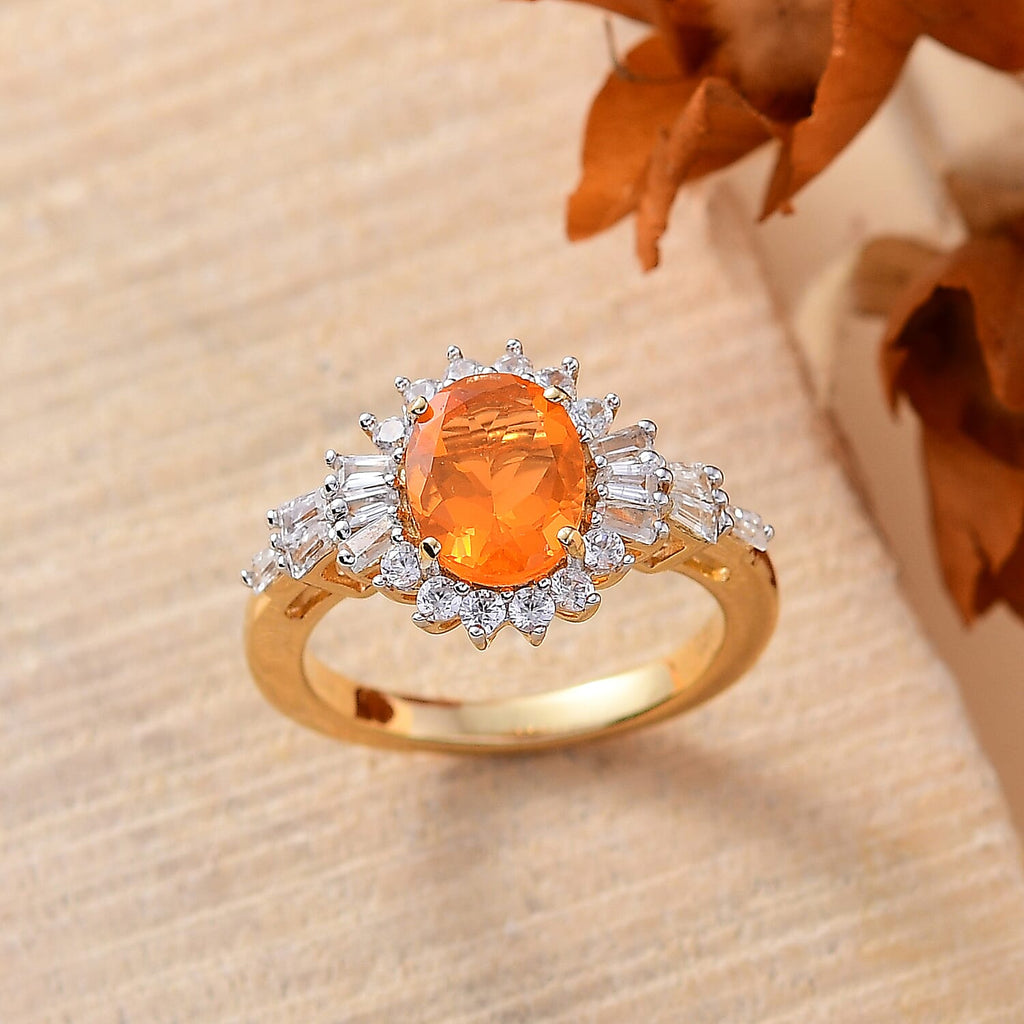 Fire Opal, White Zircon  Main Stone With Side Stone Ring in 18K  Vermeil Yellow Gold Plated Ct 2.21.