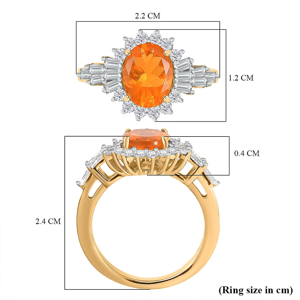 Fire Opal, White Zircon  Main Stone With Side Stone Ring in 18K  Vermeil Yellow Gold Plated Ct 2.21.