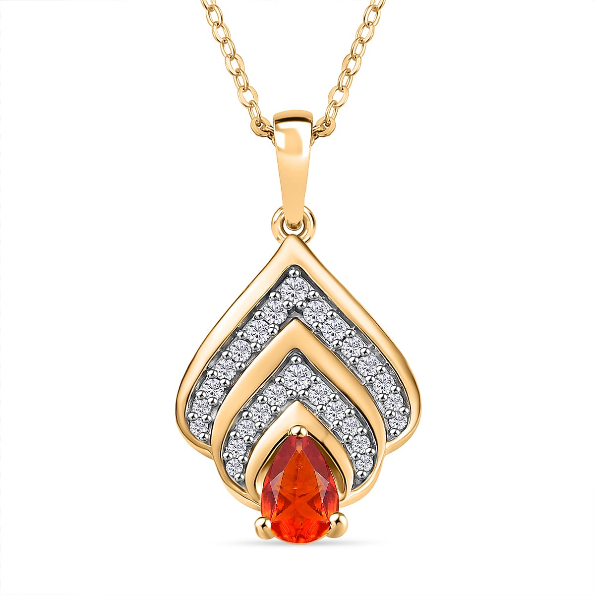 Natural Fire Opal and White Zircon Peacock Plume Pendant with Chain (Size 20) in 18K Vermeil Yellow Gold Plated Sterling Silver 0.50 Ct. 4360773 0