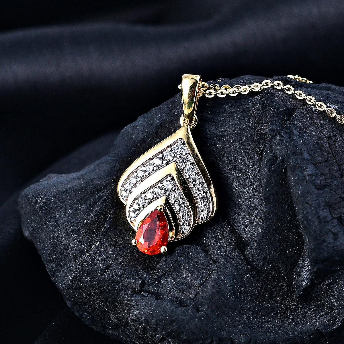 Natural Fire Opal and White Zircon Peacock Plume Pendant with Chain (Size 20) in 18K Vermeil Yellow Gold Plated Sterling Silver 0.50 Ct. 4360773 2