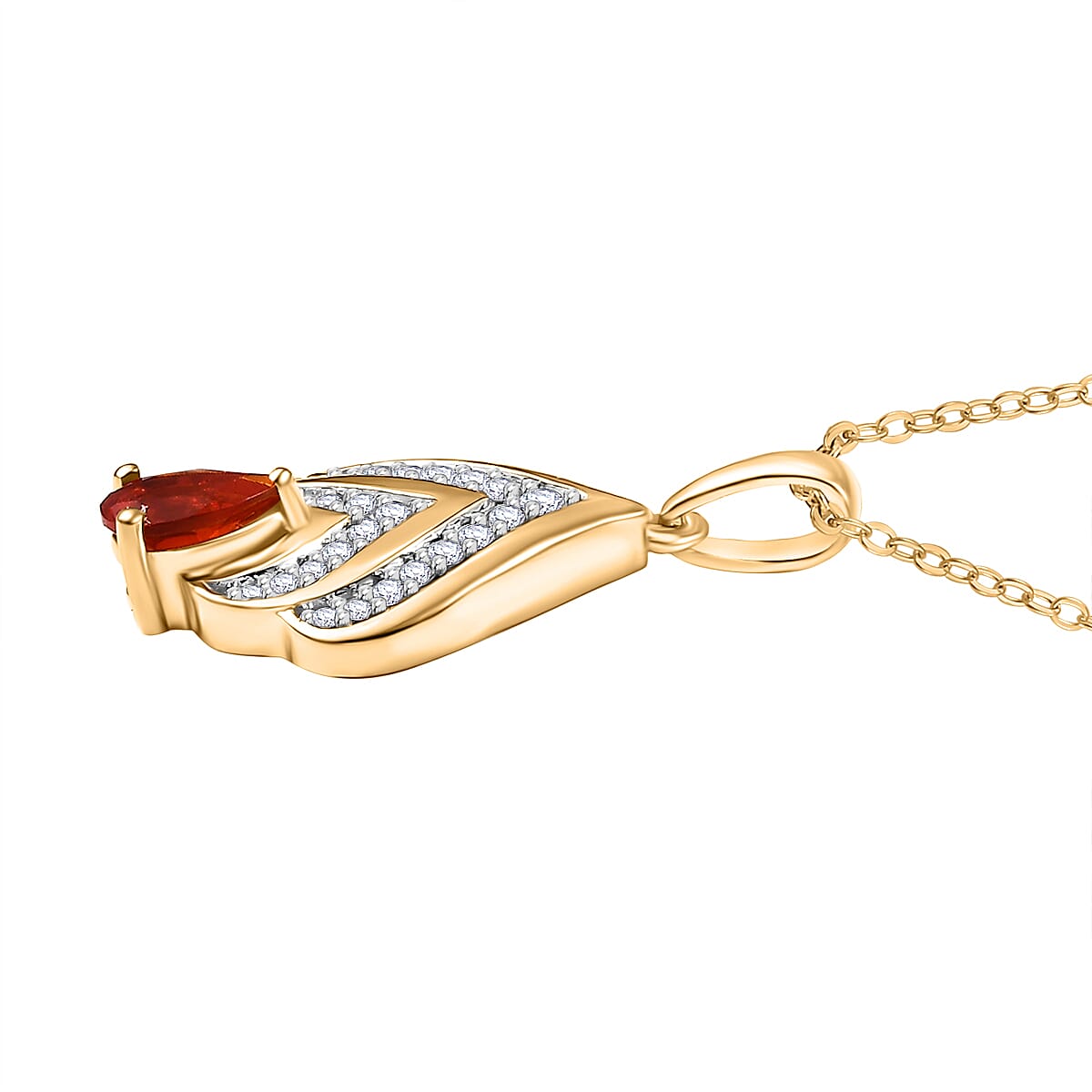 Natural Fire Opal and White Zircon Peacock Plume Pendant with Chain (Size 20) in 18K Vermeil Yellow Gold Plated Sterling Silver 0.50 Ct. 4360773 3