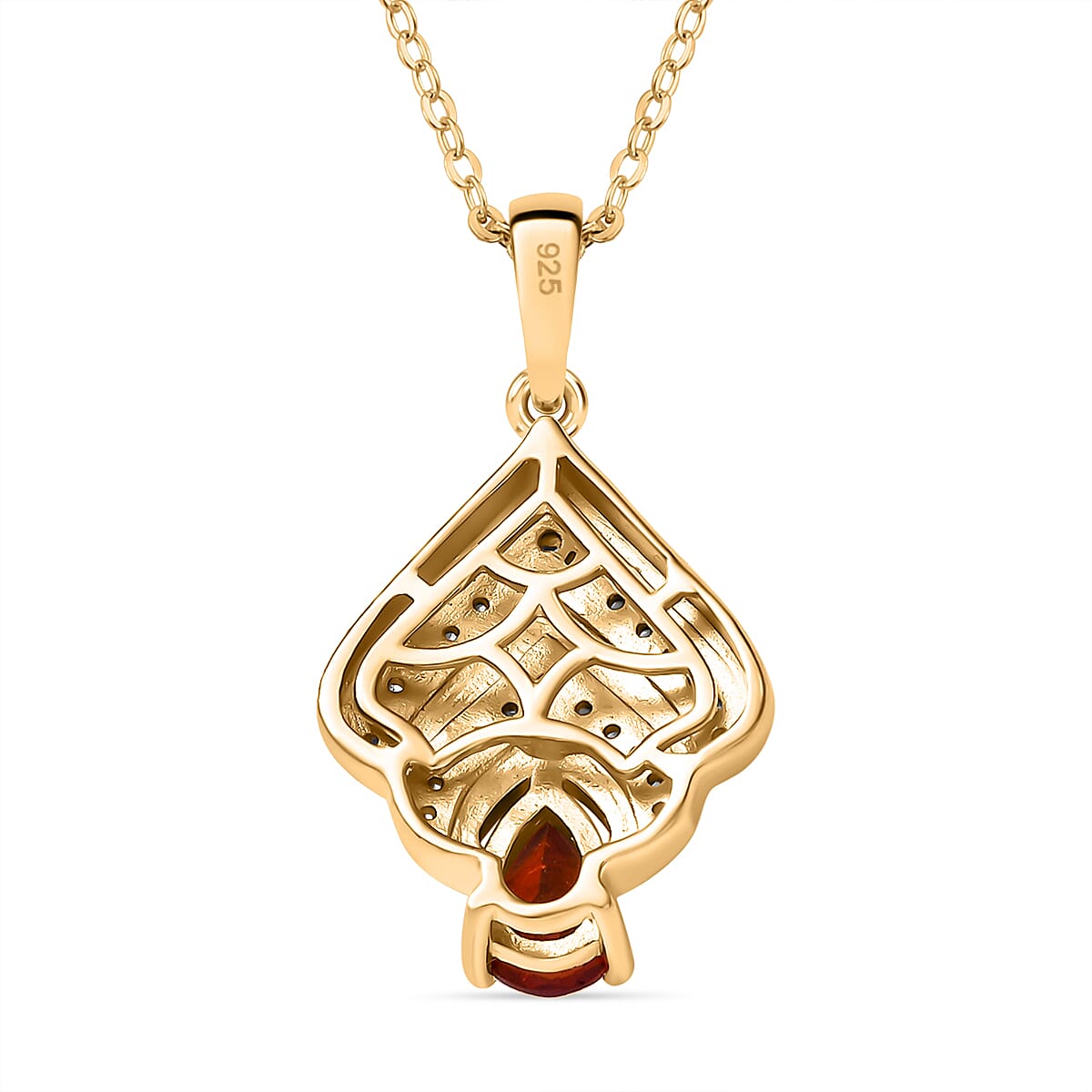 Natural Fire Opal and White Zircon Peacock Plume Pendant with Chain (Size 20) in 18K Vermeil Yellow Gold Plated Sterling Silver 0.50 Ct. 4360773 4