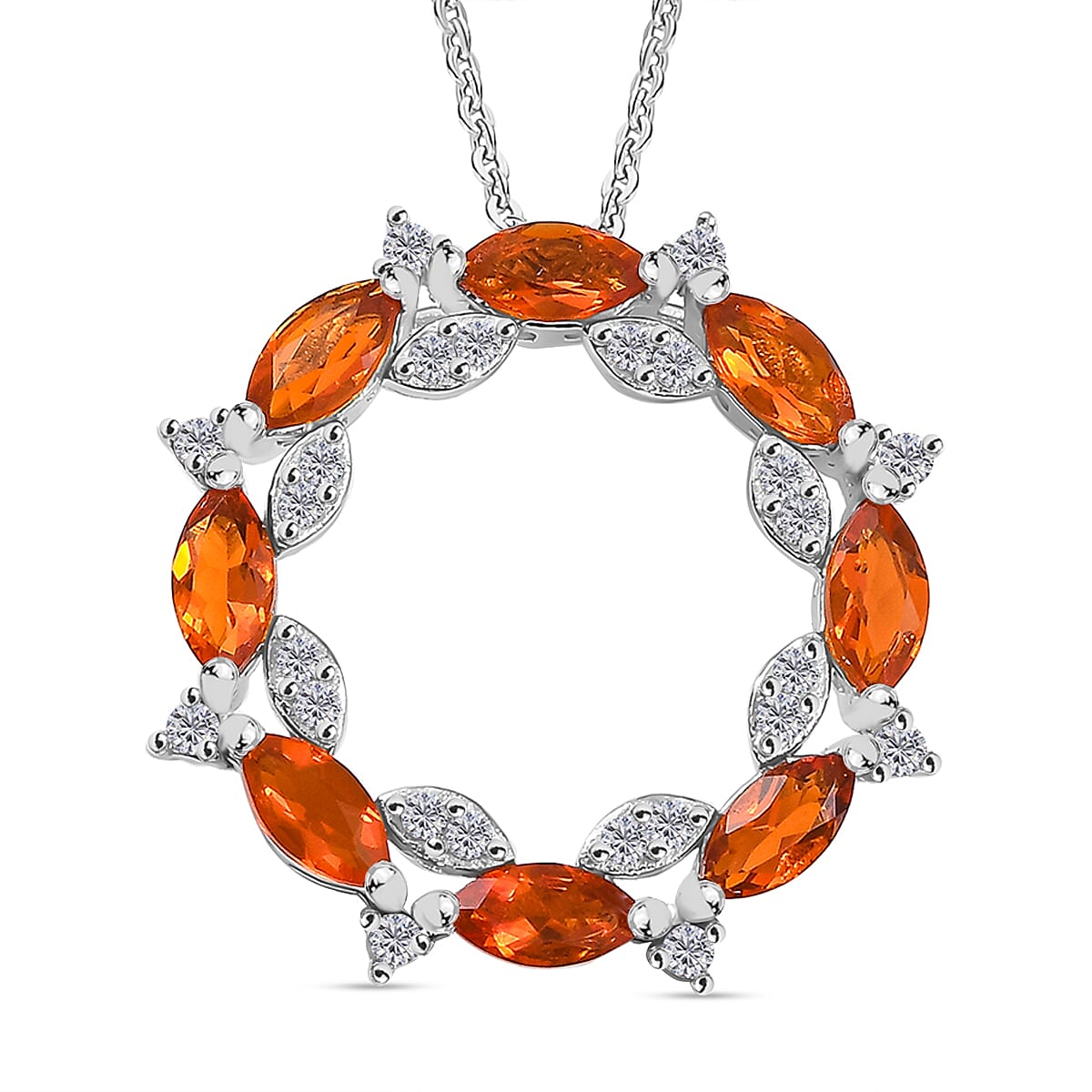 Natural Fire Opal &amp; White Zircon Floral Grace Pendant with Chain (Size - 20) in Rhodium Overlay Sterling Silver 1.60 Ct. 4360770 0