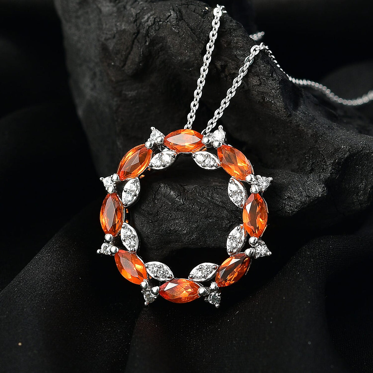 Natural Fire Opal &amp; White Zircon Floral Grace Pendant with Chain (Size - 20) in Rhodium Overlay Sterling Silver 1.60 Ct. 4360770 2