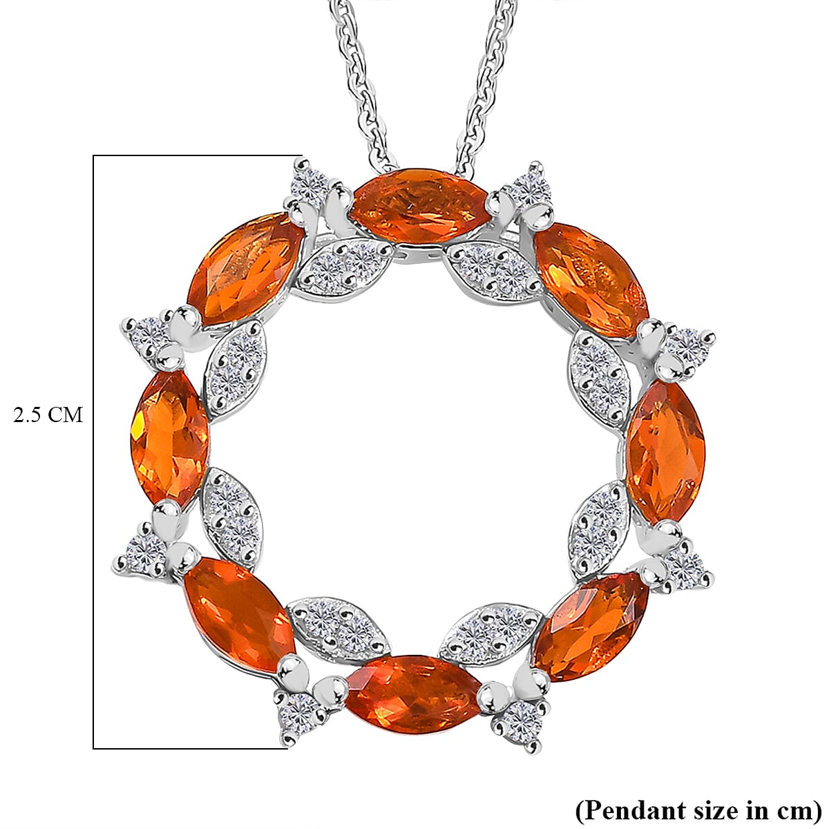 Natural Fire Opal &amp; White Zircon Floral Grace Pendant with Chain (Size - 20) in Rhodium Overlay Sterling Silver 1.60 Ct. 4360770 6