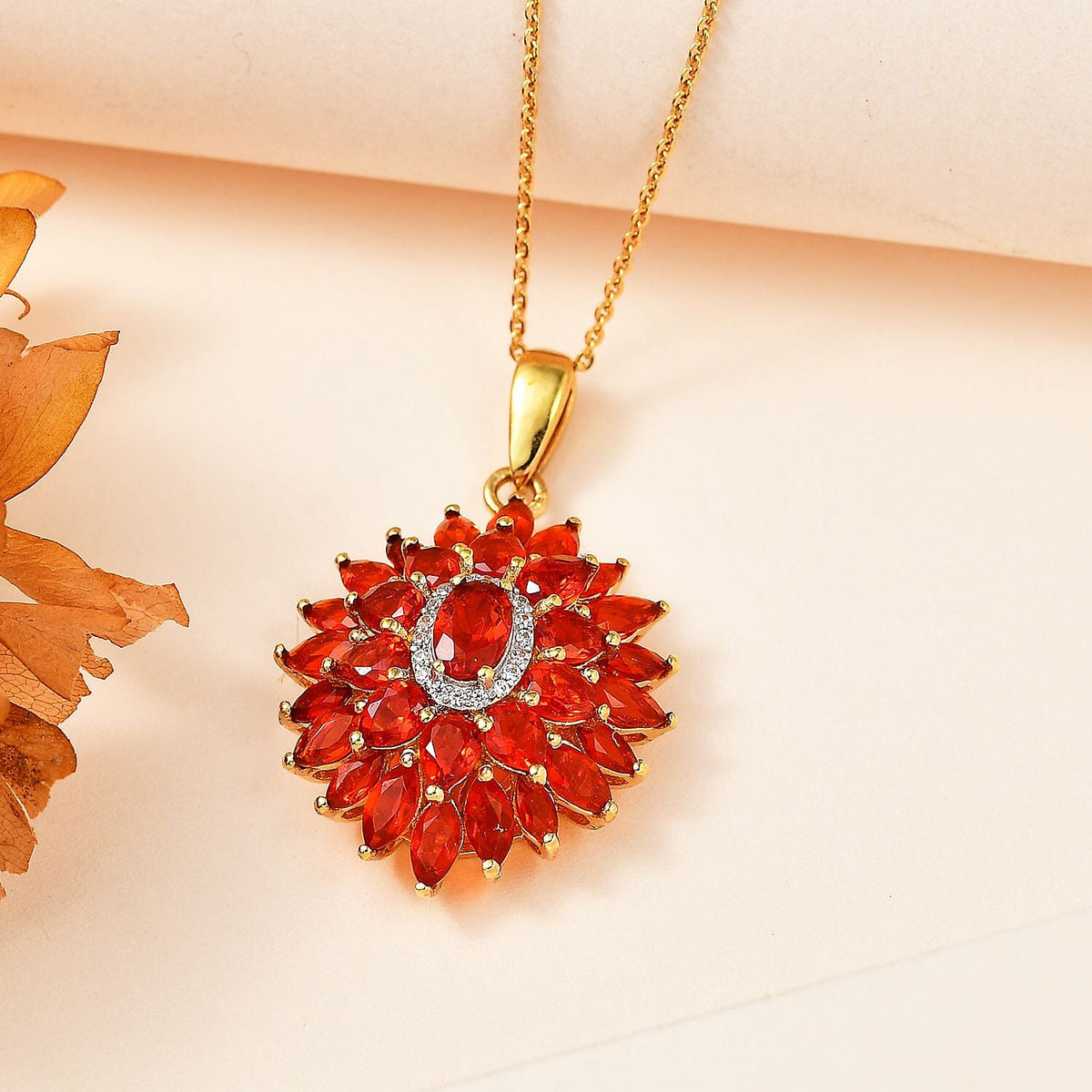 Salamanca Fire Opal &amp; Natural Zircon The Temple Pendant with Chain (Size 20) in 18K Gold Vermeil Sterling Silver 3.30 Ct. 4258500 2