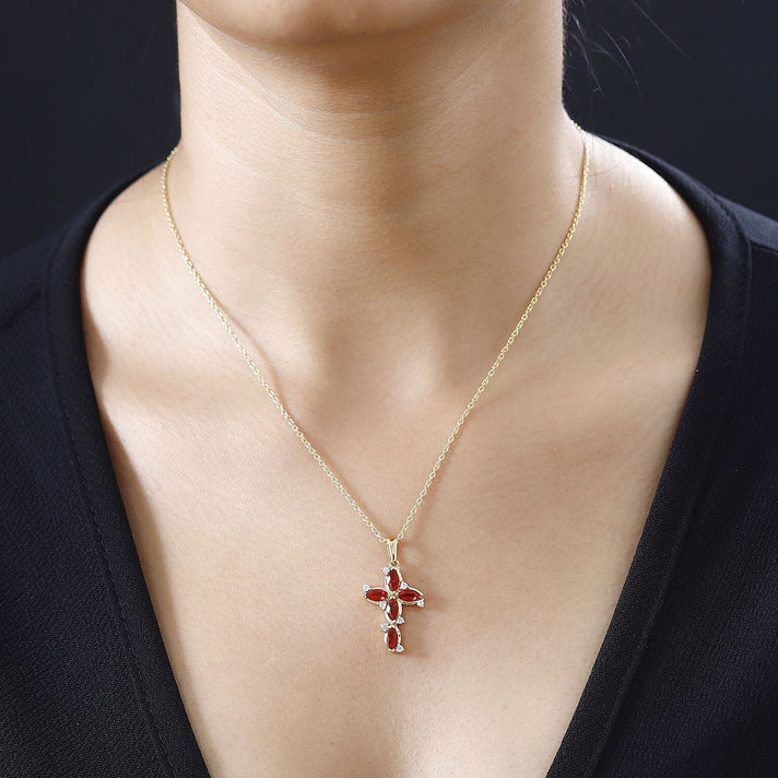 Salamanca Fire Opal &amp; Natural Zircon The Cross Pendant with Chain (Size 20) in 18K Yellow Gold Vermeil Plated Sterling Silver 1.00 Ct. 4258953 2