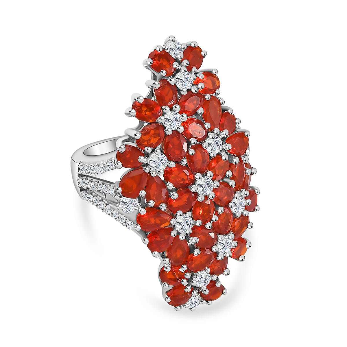 Natural Salamanca Fire Opal &amp; Natural Zircon Cluster Floral Ring in Platinum Overlay Sterling Silver 5.96 Ct. 7771988 0