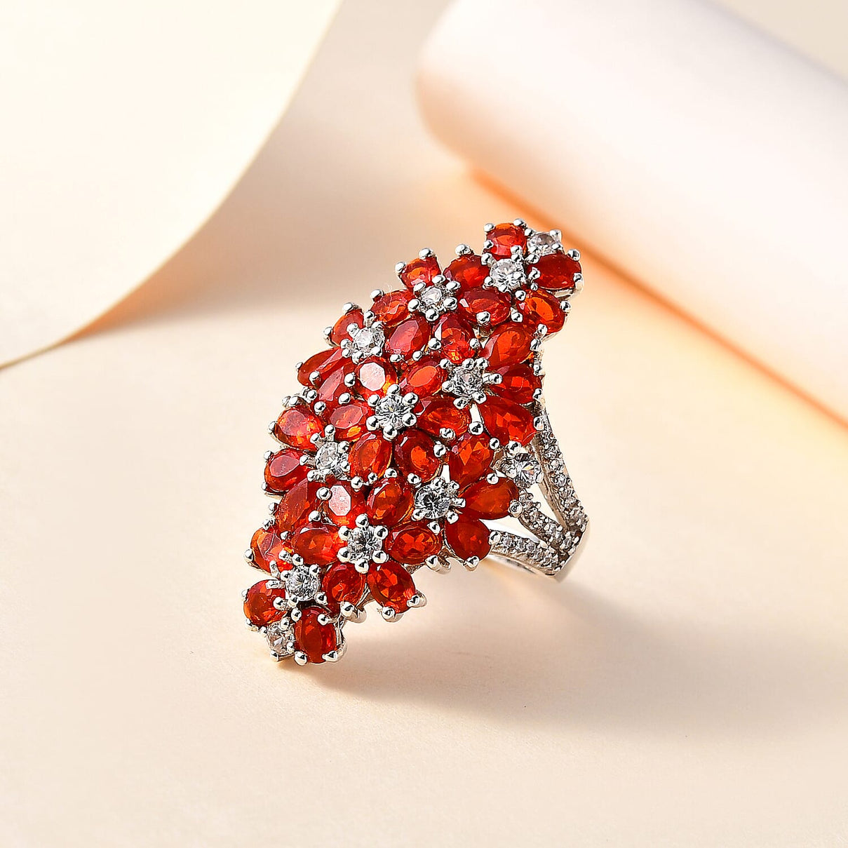 Natural Salamanca Fire Opal &amp; Natural Zircon Cluster Floral Ring in Platinum Overlay Sterling Silver 5.96 Ct. 7771988 2