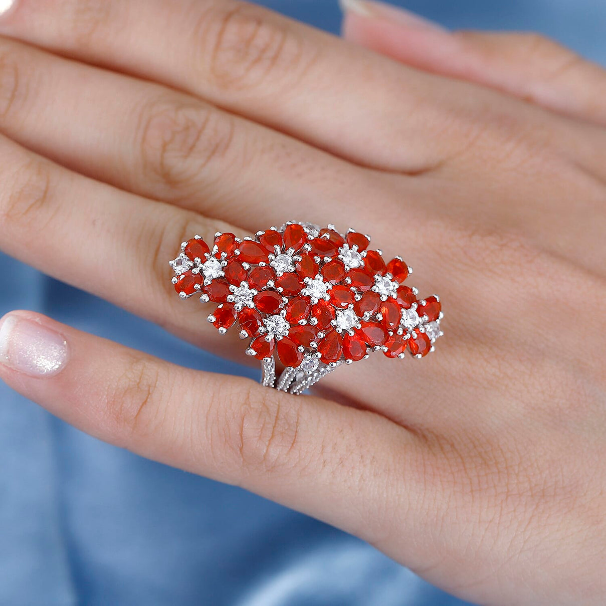 Natural Salamanca Fire Opal &amp; Natural Zircon Cluster Floral Ring in Platinum Overlay Sterling Silver 5.96 Ct. 7771988 3