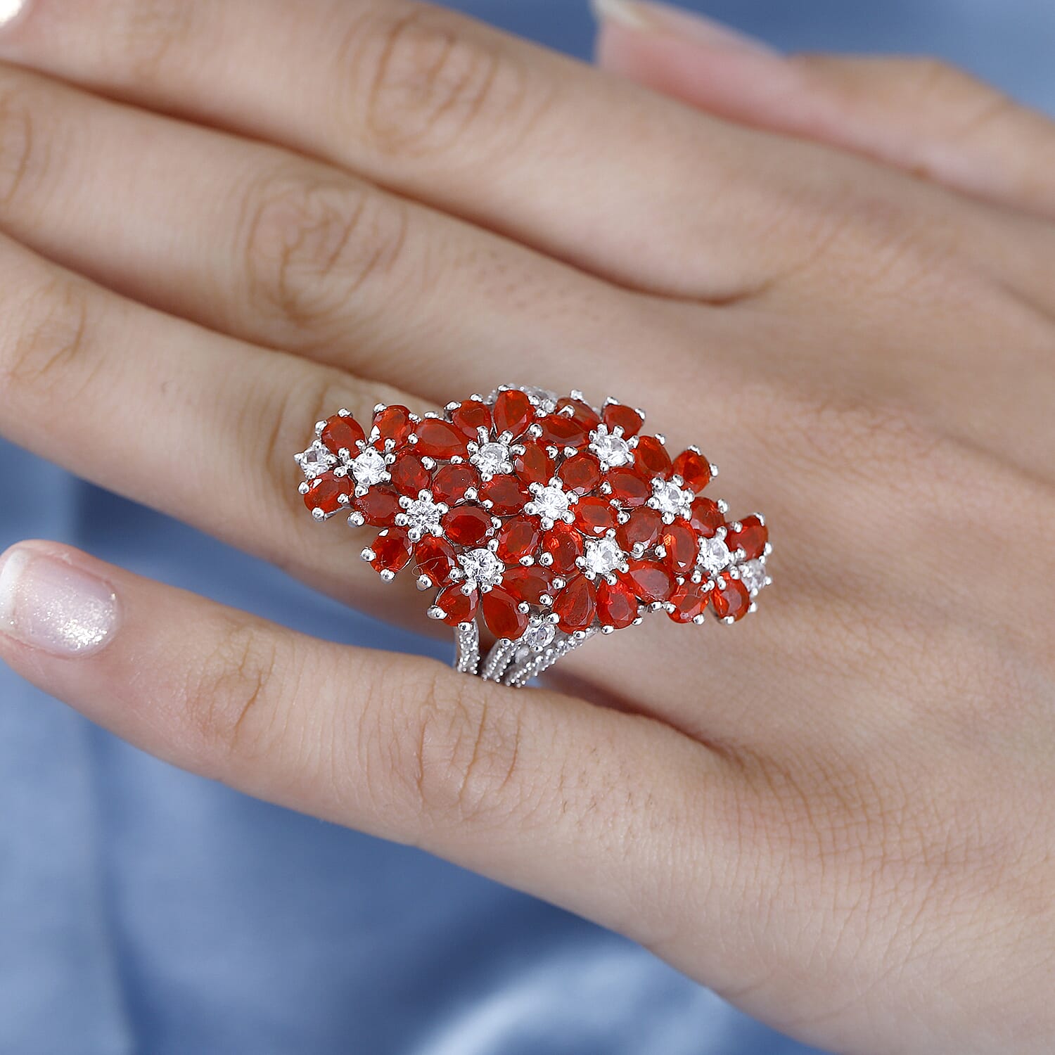 Natural Salamanca Fire Opal &amp; Natural Zircon Cluster Floral Ring in Platinum Overlay Sterling Silver 5.96 Ct. 7771988 3