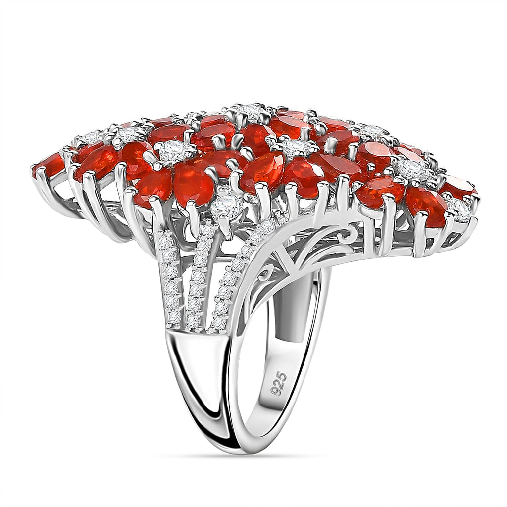 Natural Salamanca Fire Opal & Natural Zircon Cluster Floral Ring in Platinum Overlay Sterling Silver 5.96 Ct.
