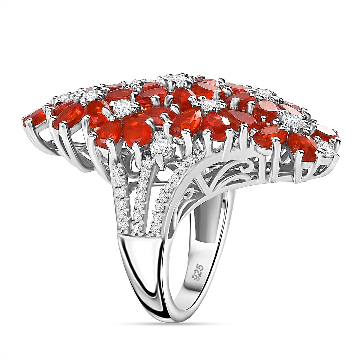 Natural Salamanca Fire Opal &amp; Natural Zircon Cluster Floral Ring in Platinum Overlay Sterling Silver 5.96 Ct. 7771988 4