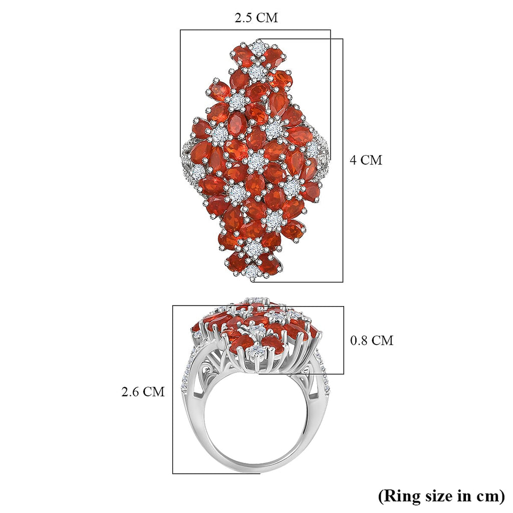 Natural Salamanca Fire Opal & Natural Zircon Cluster Floral Ring in Platinum Overlay Sterling Silver 5.96 Ct.