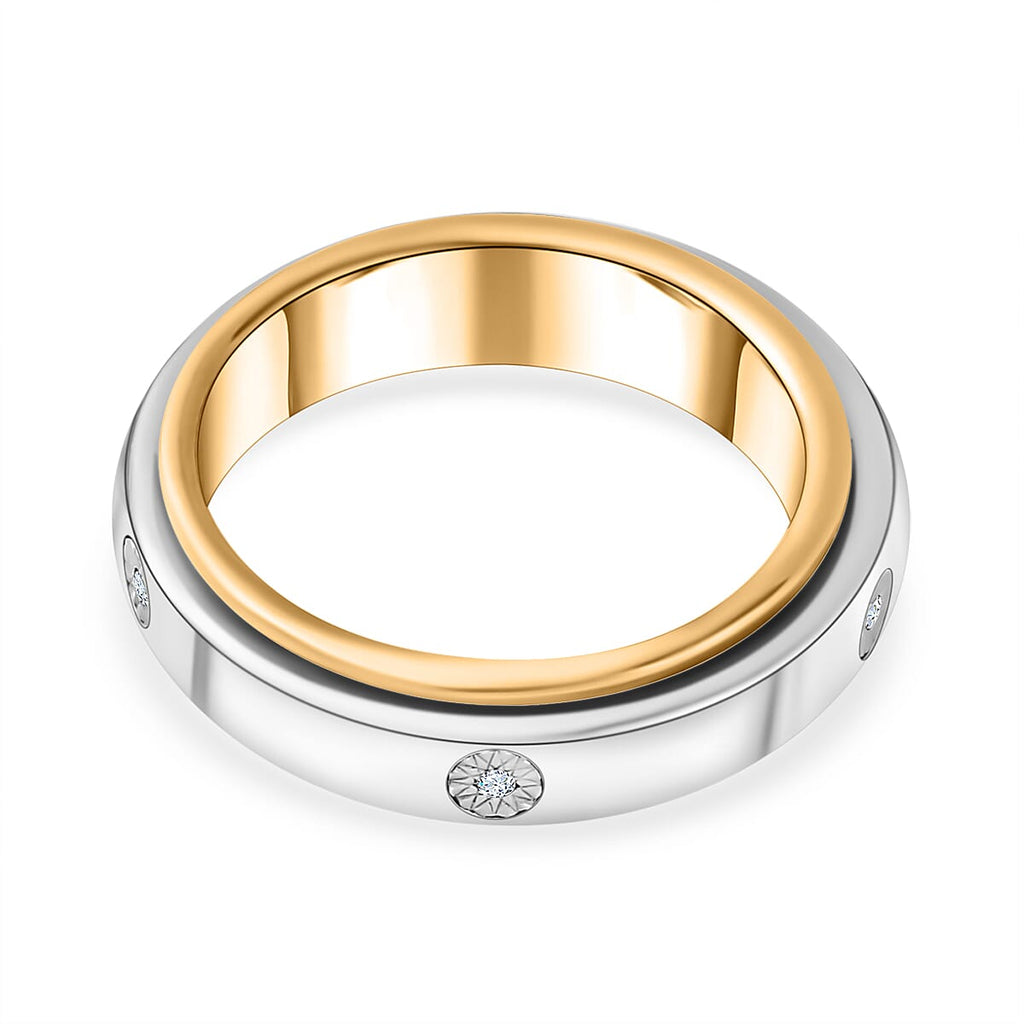 Natural White Diamond Spinner Band Ring with 5 diamonds in Platinum & 18K Vermeil Yellow Gold Plated Sterling Silver, Silver Wt. 6.51 Gms.