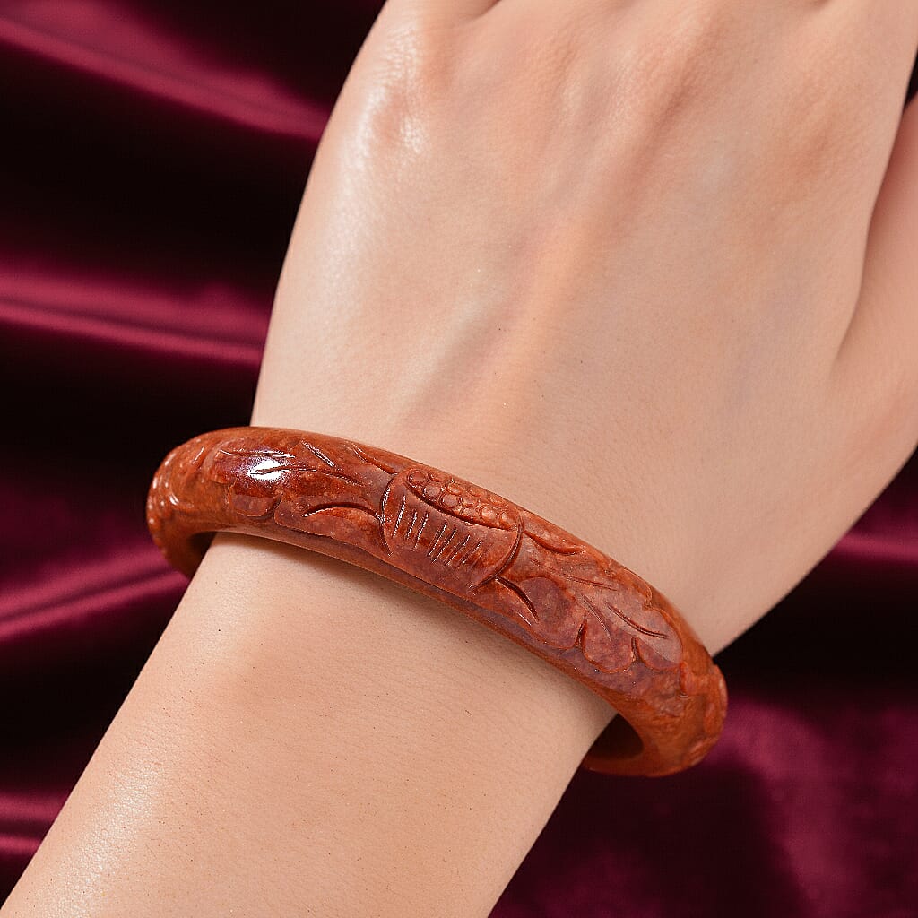 Koi Carved Burmese Red Jade Bangle (Size 7.5) 300.00 Ct. V32519650 5