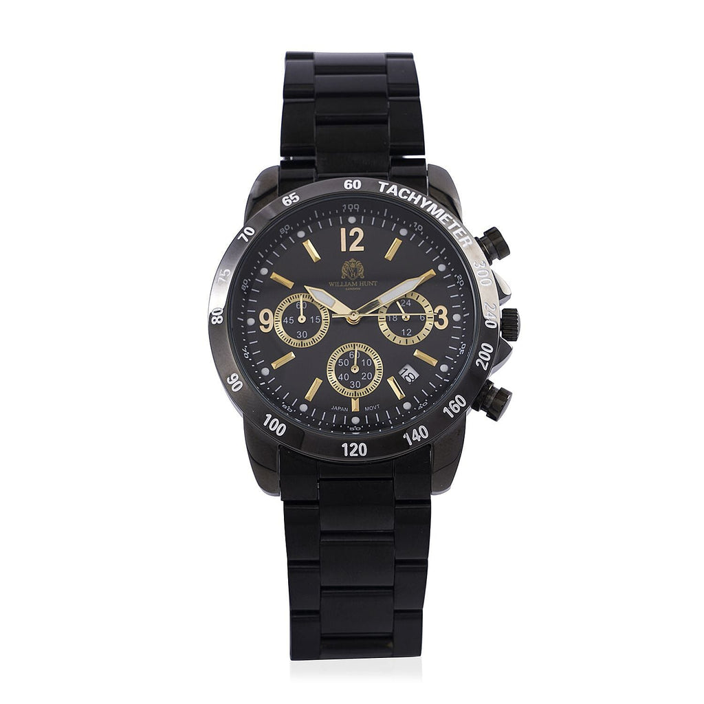 William Hunt Designer Watch with fully functional Chronograph Water Resistant Black Dial with Luminous Hour Markers and watch Hands with Black Metallic Strap