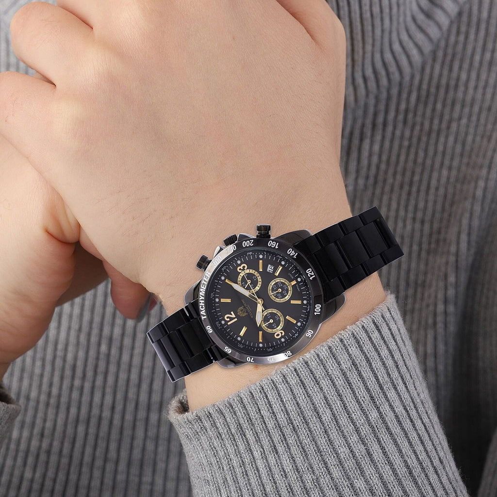 William Hunt Designer Watch with fully functional Chronograph Water Resistant Black Dial with Luminous Hour Markers and watch Hands with Black Metallic Strap