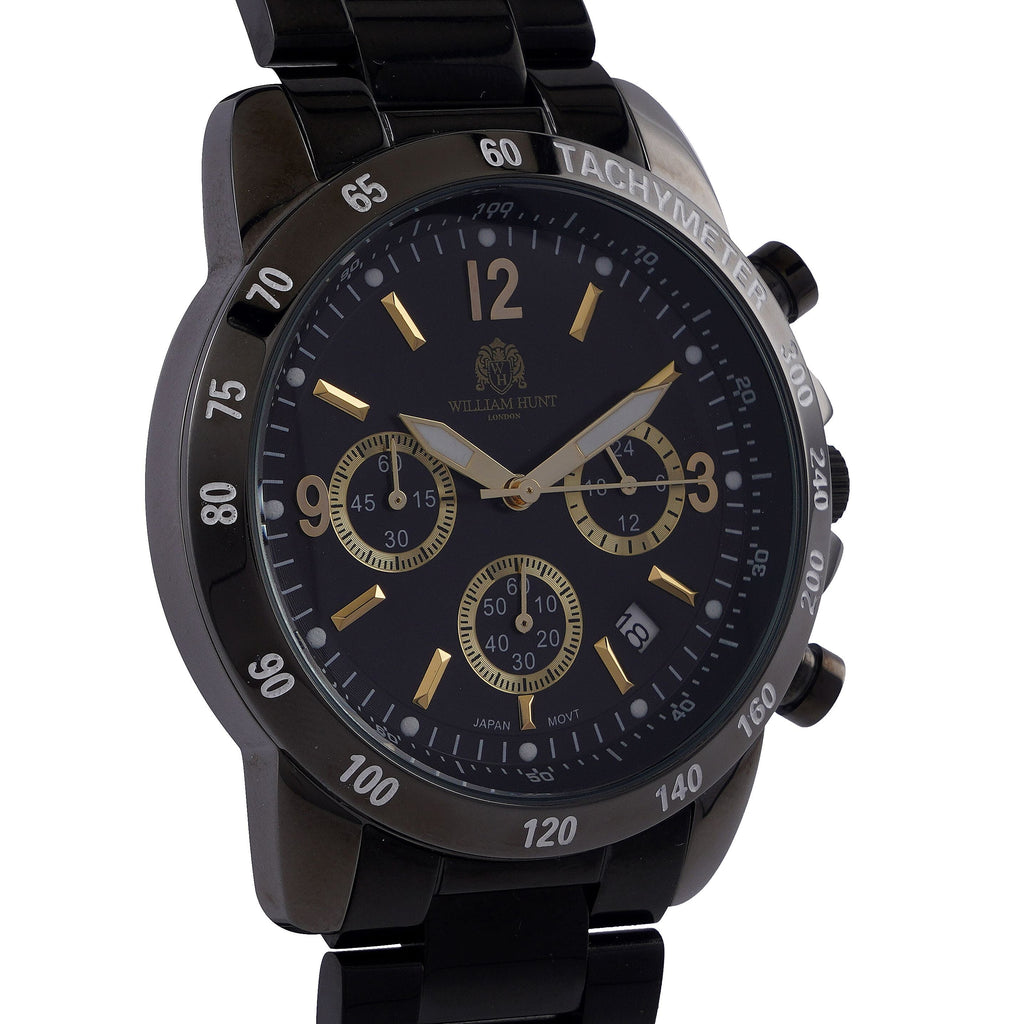 William Hunt Designer Watch with fully functional Chronograph Water Resistant Black Dial with Luminous Hour Markers and watch Hands with Black Metallic Strap