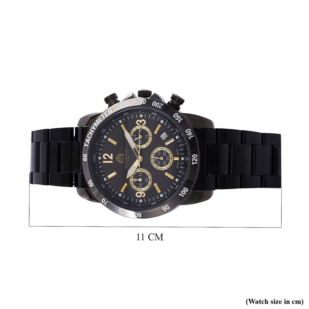 William Hunt Designer Watch with fully functional Chronograph Water Resistant Black Dial with Luminous Hour Markers and watch Hands with Black Metallic Strap