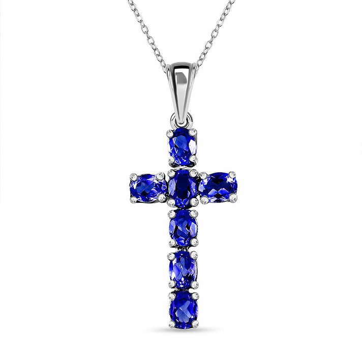 D'Joy - Masoala Sapphire (FF) Cross Pendant with Chain (Size- 20) in Platinum Overlay Sterling Silver 1.80 Ct. 4202887 1
