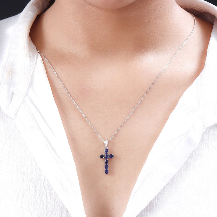 D'Joy - Masoala Sapphire (FF) Cross Pendant with Chain (Size- 20) in Platinum Overlay Sterling Silver 1.80 Ct. 4202887 2