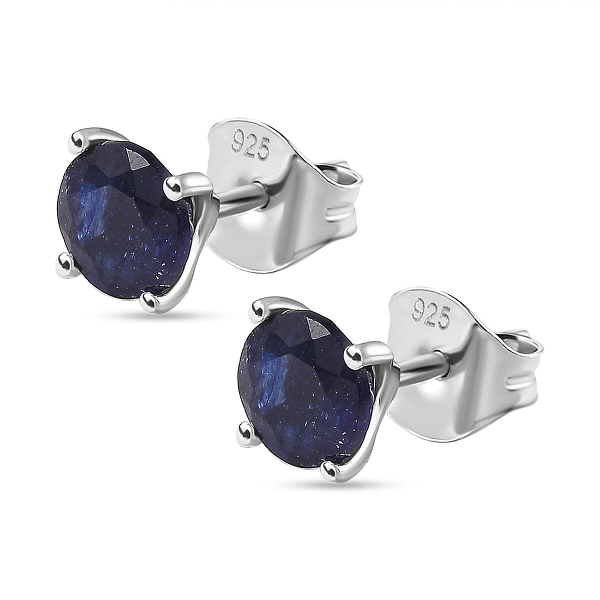 Fissure Filled Blue Sapphire  Solitaire Stud Push Post Earrings in Platinum Overlay Sterling Silver 2.314  Ct. 7767533 3