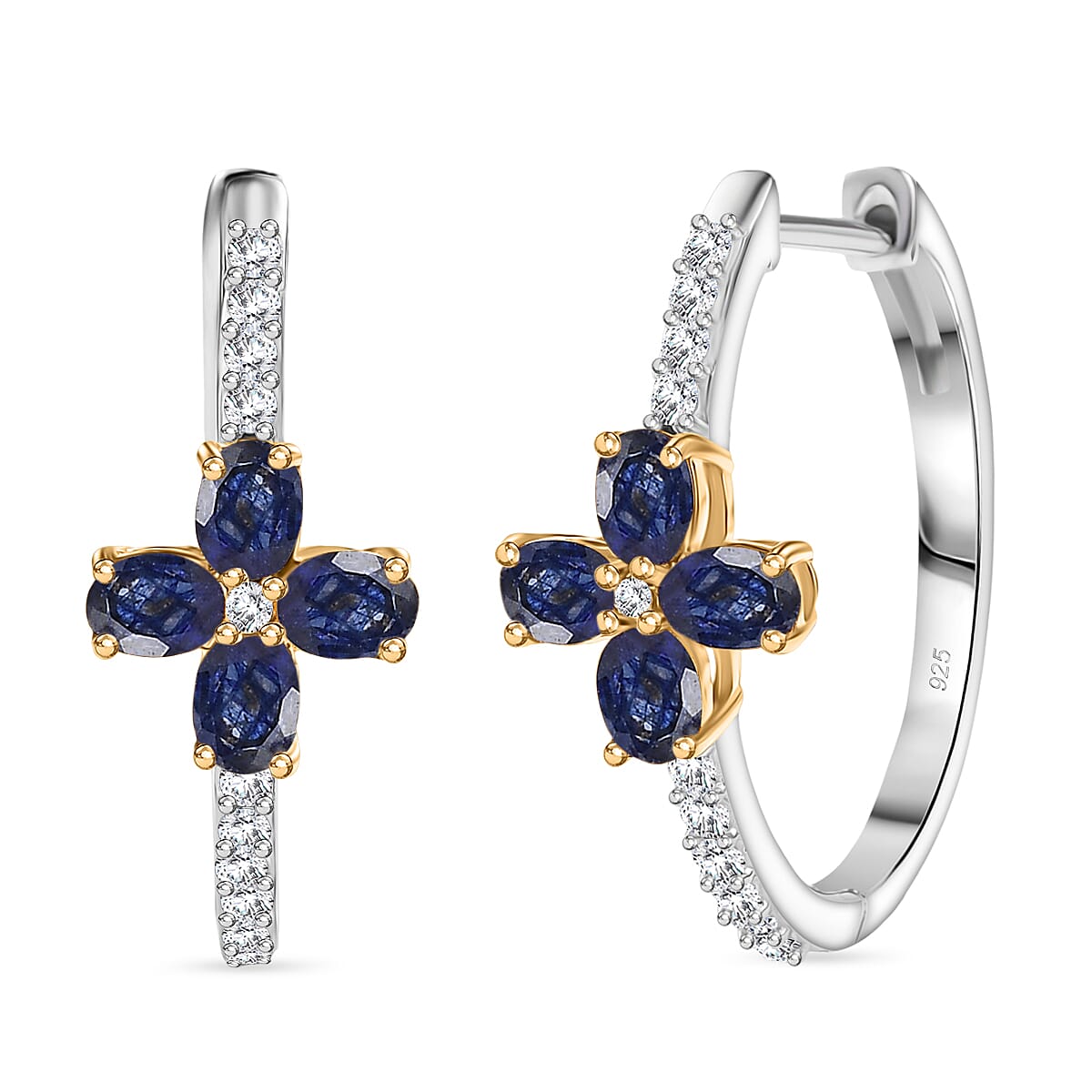 Fissure Filled Blue Sapphire, White Zircon Floral Hoop Earring in Sterling Silver 2.53 Ct. 8124552 0