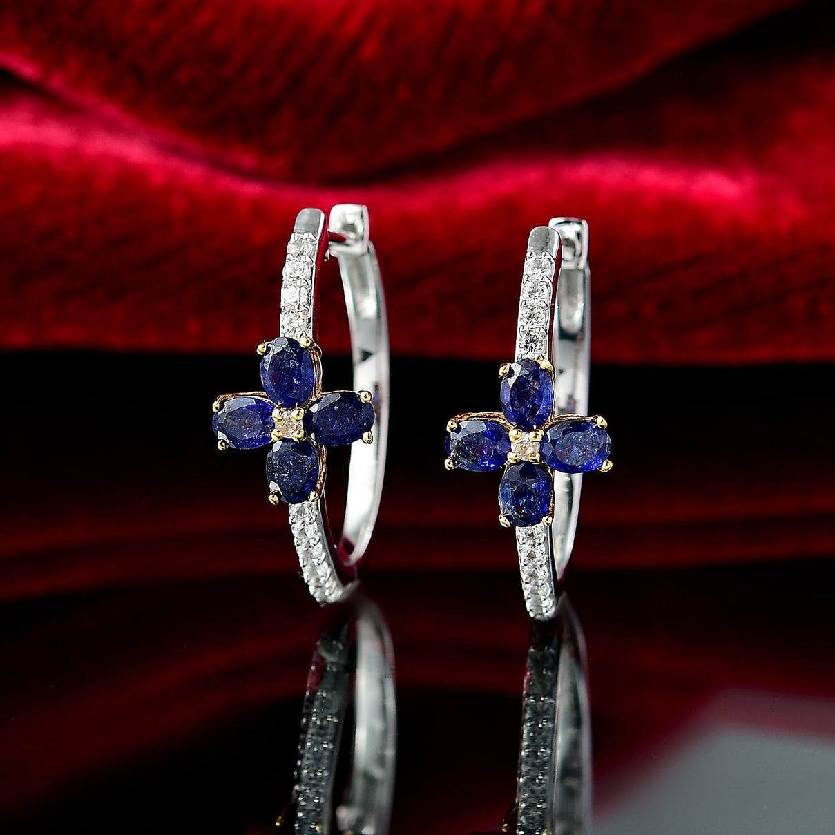Fissure Filled Blue Sapphire, White Zircon Floral Hoop Earring in Sterling Silver 2.53 Ct. 8124552 2