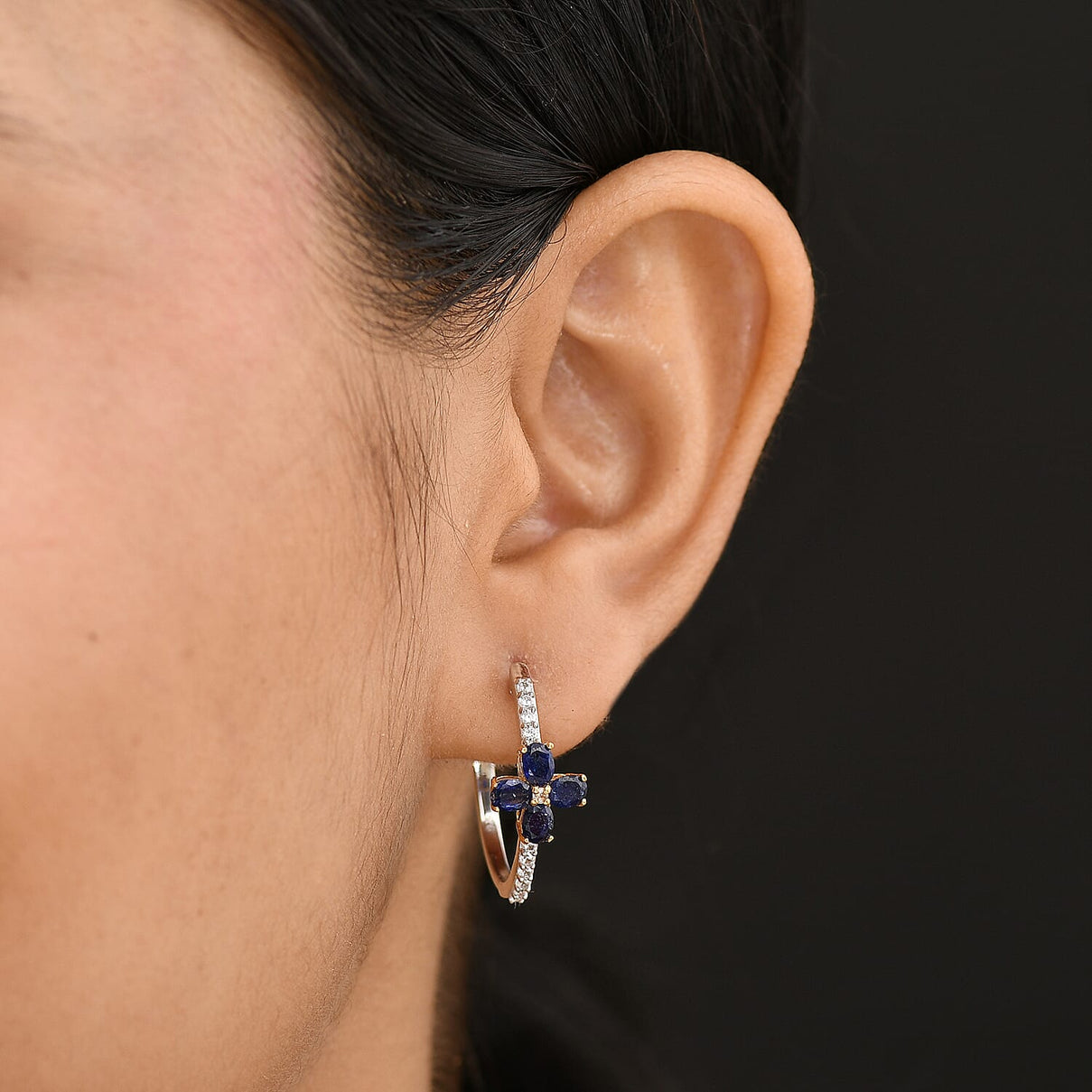 Fissure Filled Blue Sapphire, White Zircon Floral Hoop Earring in Sterling Silver 2.53 Ct. 8124552 3